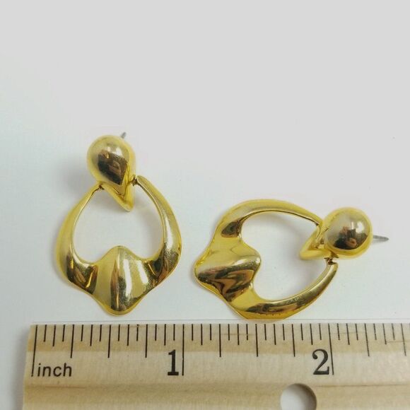 Vintage Gold Tone Door Knocker Style Stud Dangle Earrings, Classic Retro Design - Picture 5 of 7